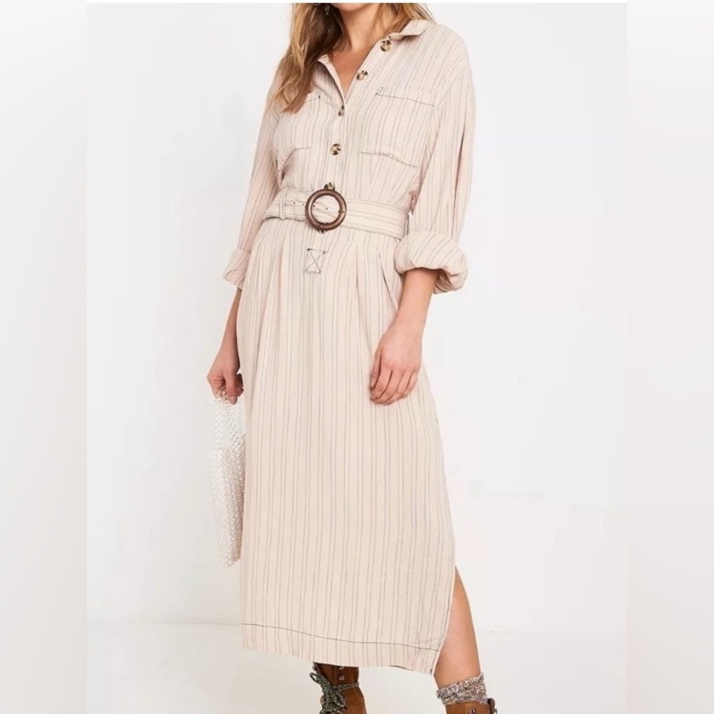 FREE PEOPLE Audrey Linen Blend Striped Midi Shirt Dress XS (Fits XS-S)